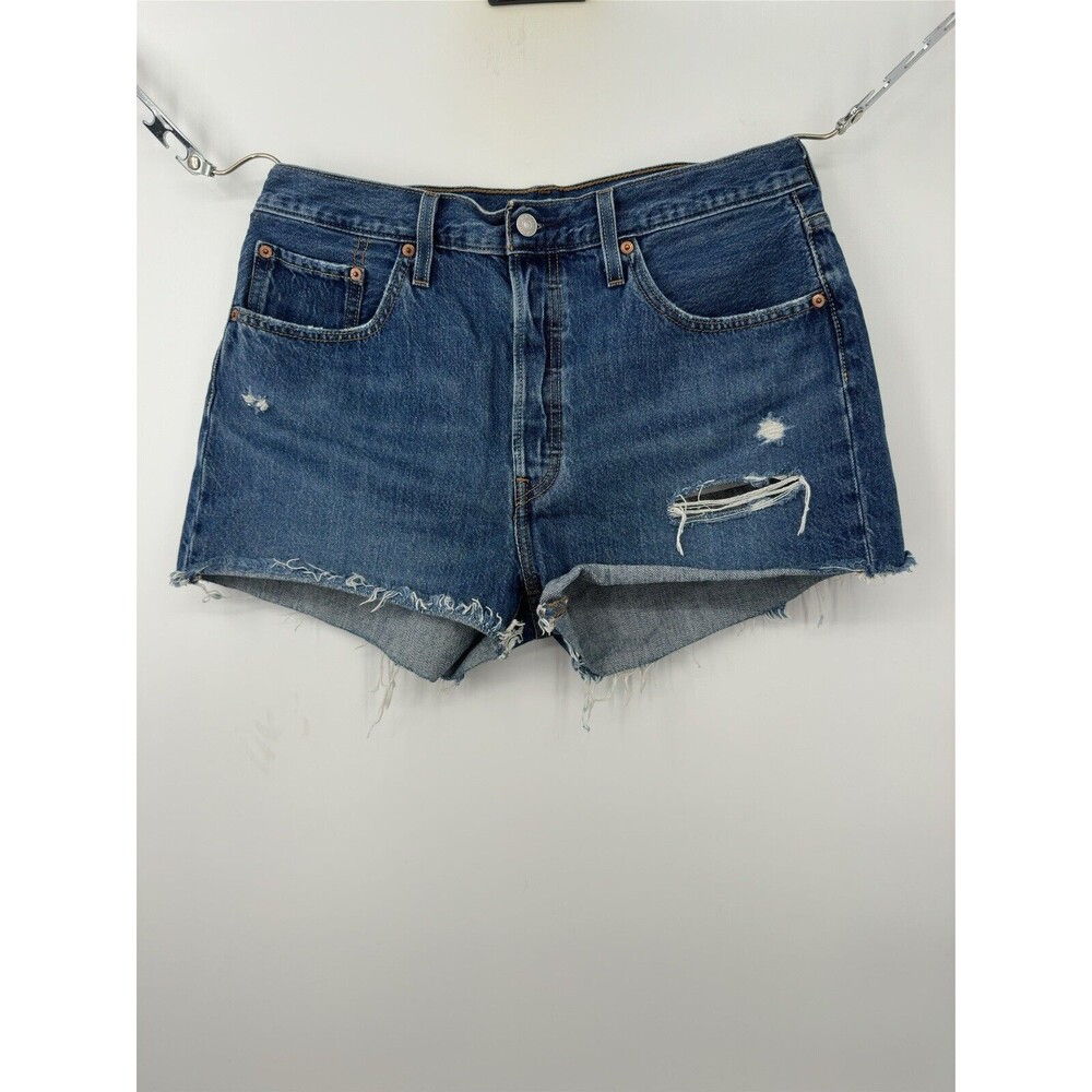 Levis 501 Jean Shorts Womens‎ 32 Button Fly High Rise Denim Cut Off Blue Dark